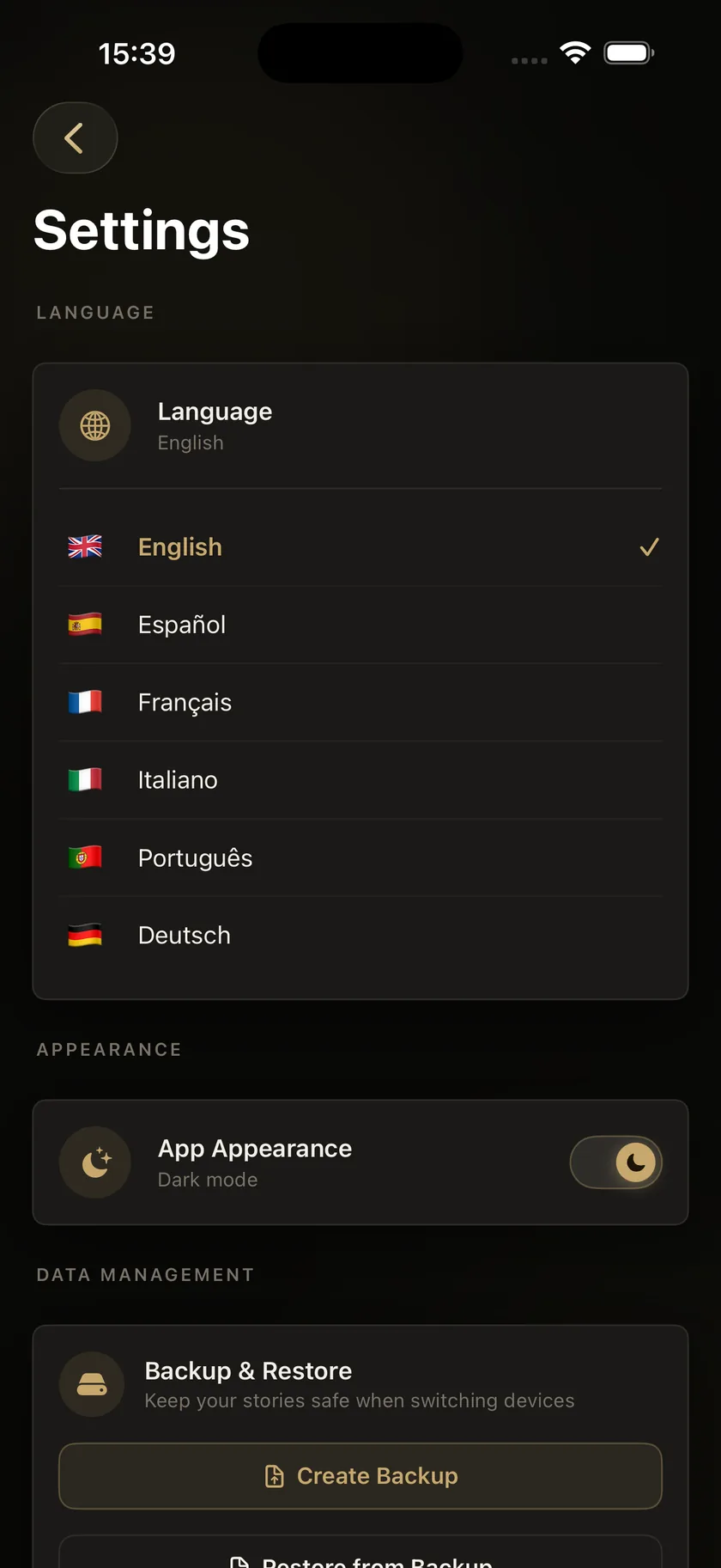 Language settings in Treasured Voices